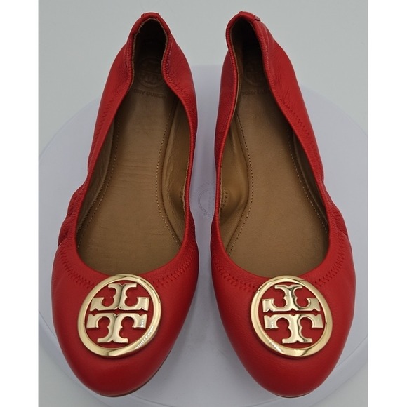 Tory Burch MINNIE Red Leather Travel Ballet Scrunch Back Gold Logo W/9.5 EUC